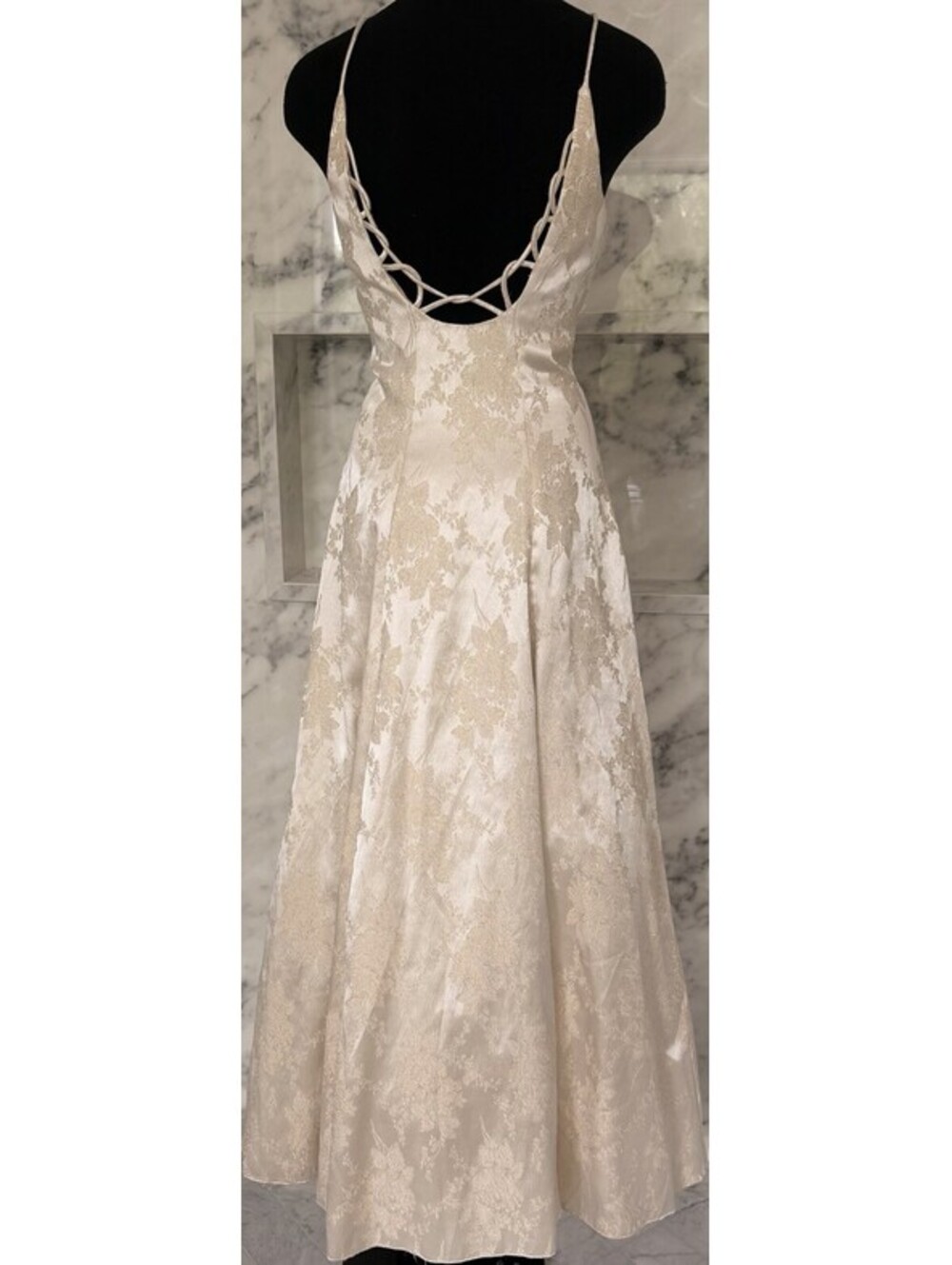 Vintage Dollar Ivory Gold Brocade Formal Dress Shawl Prom Wedding Gown Large USA